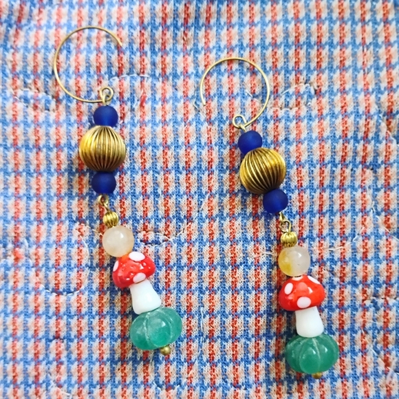 XL Handmade Mushroom and Carved Emerald Earrings - Picture 1 of 5